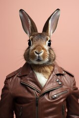 Funny hare in brown leather jacket on beige pastel background.