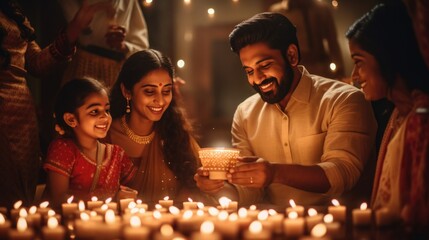 Obraz na płótnie Canvas Cheerful Indian Family with Child Smiling Around Table with Candles and Diyas During Diwali Celebration