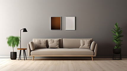Interior with sofa in modern design. Wide couch in the contemporary room.