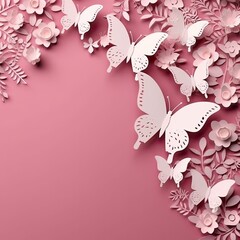 Pink background with textured flat style, white cutouts, butterflies, floral patterns, made with Generative AI