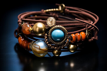 Creates a leather cable bracelet with accessories beads, pearls and stones set sliding into the leather bracelet