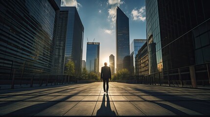 A low-angle shot capturing the business model walking alone in a desolate urban environment, with tall skyscrapers casting long shadows, epitomizing the lonely journey of entrepreneurship