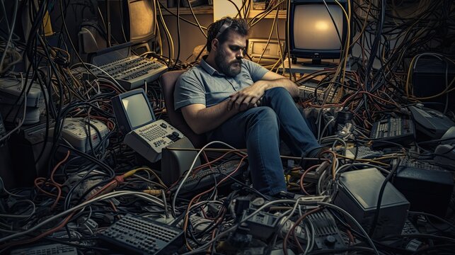 The business model, seated on the floor, surrounded by a maze of tangled ethernet cables, broken gadgets, and stacks of paperwork, capturing the complications and hurdles in the digital business era