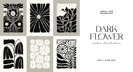 Dark Floral abstract elements. Botanical composition. Modern trendy Matisse minimal style. Floral poster, invite. Vector arrangements for greeting card or invitation design © KozyPlace