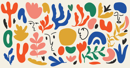 Set of trendy doodle and abstract nature icons on isolated white background. Big summer collection, unusual organic shapes in freehand matisse art style. Includes people, floral art and texture bundle