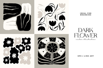 Dark Floral abstract elements. Botanical composition. Modern trendy Matisse minimal style. Floral poster, invite. Vector arrangements for greeting card or invitation design