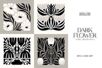 Fototapeta na wymiar Dark Floral abstract elements. Botanical composition. Modern trendy Matisse minimal style. Floral poster, invite. Vector arrangements for greeting card or invitation design