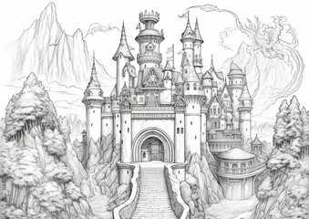 Set out on a quest with this castle and dragon coloring page. Strong black lines define the medieval landscape, creating an intriguing canvas for coloring. made with Generative AI