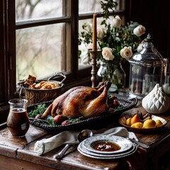 set served table at home, with smoked chicken on the table made with Generative AI
