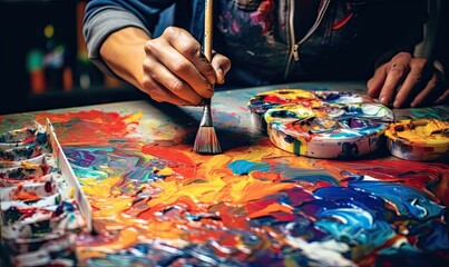 Ignite your imagination with this captivating image. An artist pours their heart and soul into a canvas, infusing it with vibrant colors and creative energy. The intensity. made with Generative AI