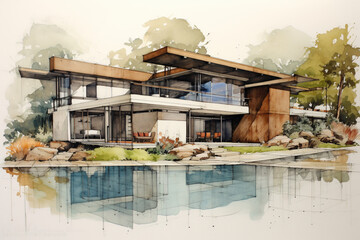 Architectural sketch design. Watercolor sketching idea on white paper background