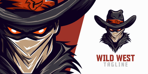 Illustrated Wild West Cowboy Logo, Mascot, and Illustration with Vector Graphics for Sport and E-Sport Gaming Teams, including a Western Bandit Mascot Head.
 - obrazy, fototapety, plakaty