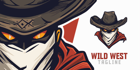 Illustrated Wild West Cowboy Logo, Mascot, Illustration, and Vector Graphics for Sport and E-Sport Gaming Teams, showcasing a Western Bandit Mascot Head.
 - obrazy, fototapety, plakaty
