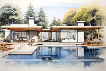 Fototapeta premium Architectural sketch design. Watercolor sketching idea on white paper background