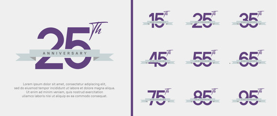 set of anniversary logo purple color number and gray ribbon on white background for celebration