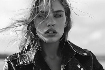 B&W portrait of fashion model in haute couture leather jacket and outfit. In the style of an on location magazine shoot.