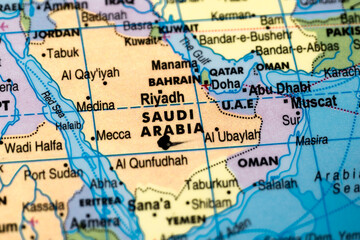 Saudi Arabia on World Map, Black Marker Highlighted