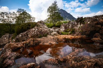 Scottish mountain landscape with flowing waterfall, rocks, trees and reflections complimented by a...