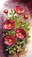 watercolor painting of red flowers on a purple background