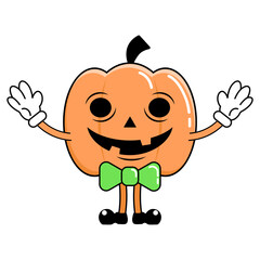 Cute Pumpkin Lantern character, sticker and mascot, vector drawing with waving gesture, Halloween holiday art, print and decoration.