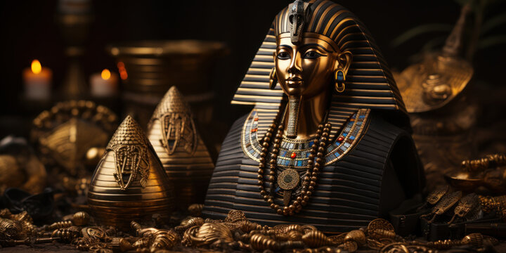 Ancient Egyptian King Amenhotep III statue in gold.