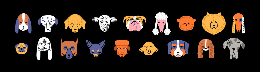 Funny dog animal head cartoon set in modern flat illustration style. Cute puppy pet collection, diverse breeds - domestic dogs bundle.