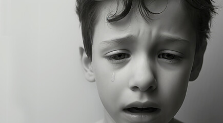 Close-Up Of A Little Boy Crying. Black And White Portrait. Ai Generated
