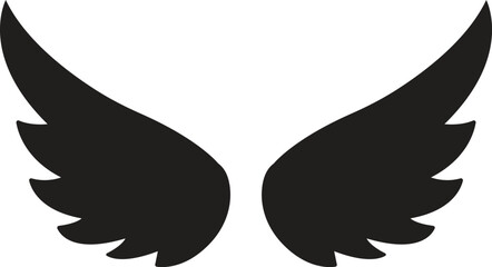 Wing with long feather. Angel or bird wing flat black icon. Aviation pilot patch badge. Heraldic vintage army insignia emblem falcon phoenix hawk. Flying winged frame. Biker logo stencil stamp.