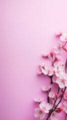 pink branch of cherry blossom on a pink background with copy space for text