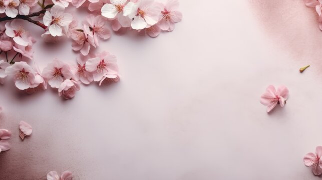 a picture of a cherry blossom flowers on pink surface with copy space for text