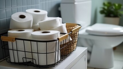Basket with paper rolls on ceramic toilet bowl in modern bathroom.