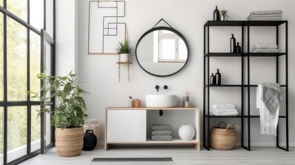 Bathroom and wash basin with shelving unit, Modern bathroom.