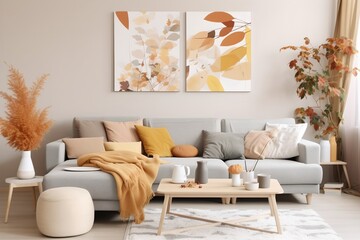 Beige interior, generative ai image of cozy living room with modern retro style sofa and plants.