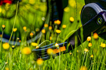 Close-up of a bicycle pedal with a reflector in the middle of a flower meadow photographed out of focus.