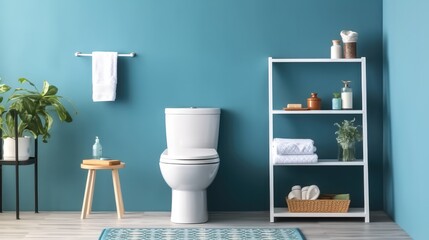 Modern bathroom interior, Ceramic toilet bowl with shelving unit.