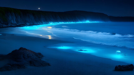 Fototapeta premium Scene of a bioluminescent beach at night