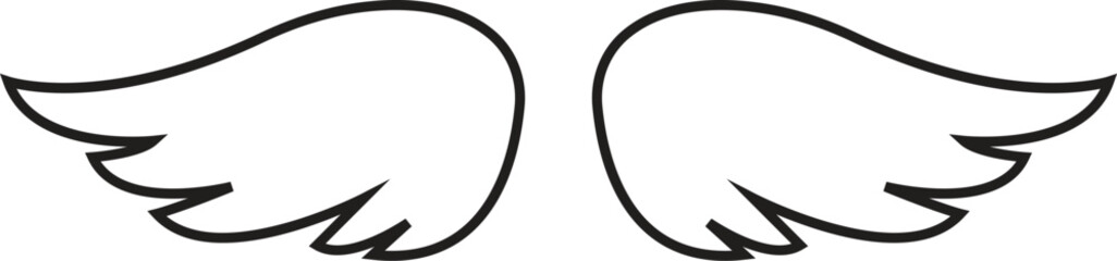 Wing with long feather. Angel or bird wing line black icon. Aviation pilot patch badge. Heraldic vintage army insignia emblem falcon phoenix hawk. Flying winged frame. Biker logo stencil stamp.