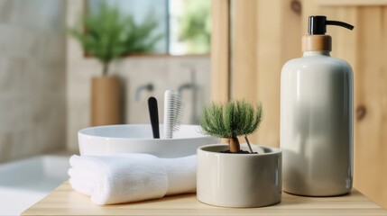 Interior of modern restroom with soap dispenser and cup with toothbrushes on table in house. - Powered by Adobe