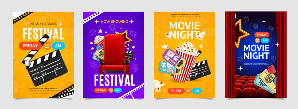 Cinema Festival and Movie Night Placard Poster Banner Card Template Set with Tickets, Clapper Board and Bucket of Popcorn. Vector illustration of Cinematography Event