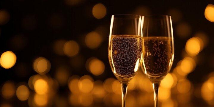 Champagne glasses on glittering background, generative ai image of celebration toast with sparkling wine.