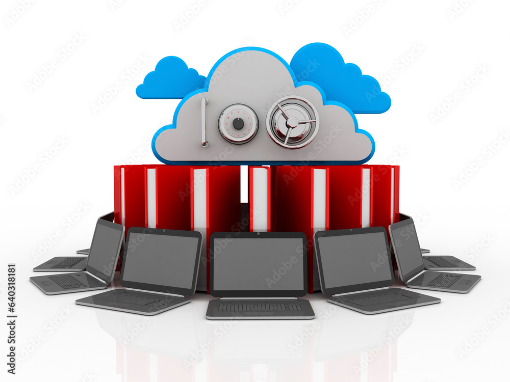 Poster 3d rendering technology computer network with book protection cloud lock