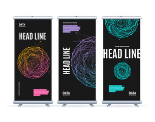 Roll Up Banner Stand Template with Abstract Future Geometric Sphere Set Cyberspace or Science Concept. Vector illustration of Banners Futuristic