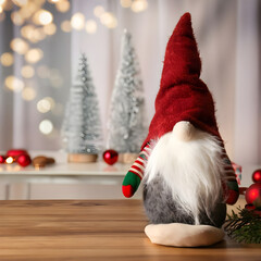 Obraz premium Santa Claus doll on a wooden table with copy space. Merry Christmas.