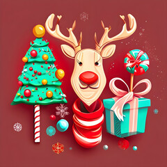 Illustration of Christmas tree, reindeer and a gift.