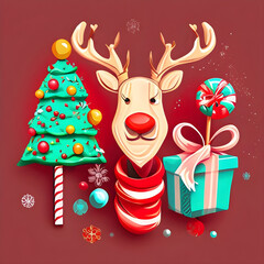 Naklejka premium Illustration of Christmas tree, reindeer and a gift.