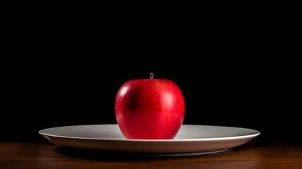 Evocative Abstract Photograph of Ripe Red Apple on Pristine White Plate Against Black Background.