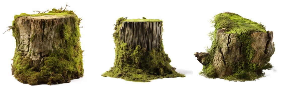 Fresh green moss on rotten tree stump Isolated on transparent background