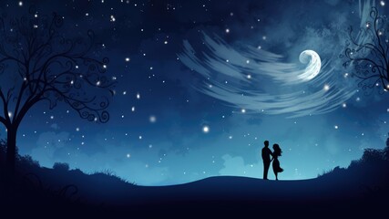 Couple holding hands with a starry background walking under the stars, wedding wishes for romantic moments, layout for wedding marriage wishes and celebration background with copy space for text
