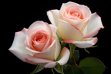 Captivating Photograph of Rare Bicolor Roses Blending Soft White and Delicate Pink Petals Against a Black Background. 