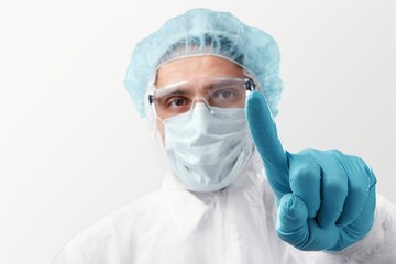 Man doctor in coat shows hands background